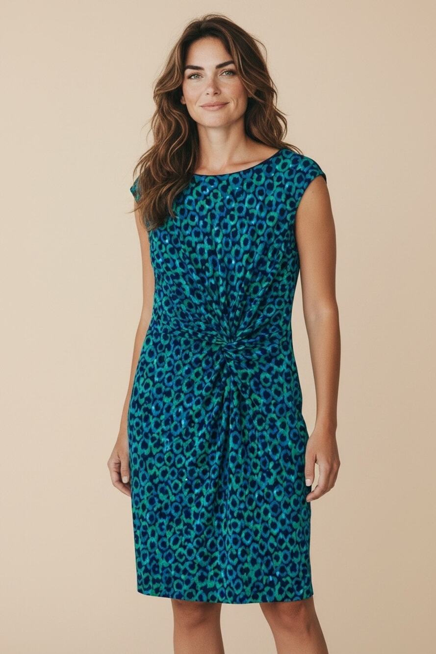 Ralph Lauren Blue Teal Animal Print Ruched Twist Front Sheath Dress Sz 14 Resort